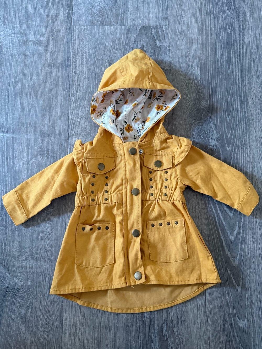 Little Lass Mustard Hooded Jacket Coat 0-3M Baby Girl Floral Lined VGUC